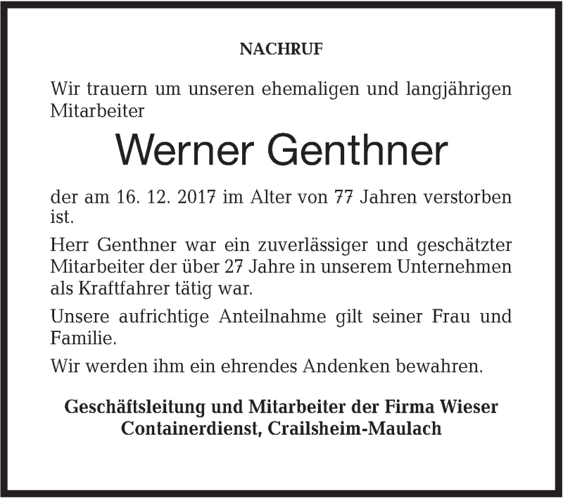  Traueranzeige für Werner Genthner vom 08.01.2018 aus Hohenloher Tagblatt