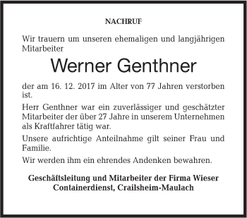 Traueranzeige von Werner Genthner von Hohenloher Tagblatt