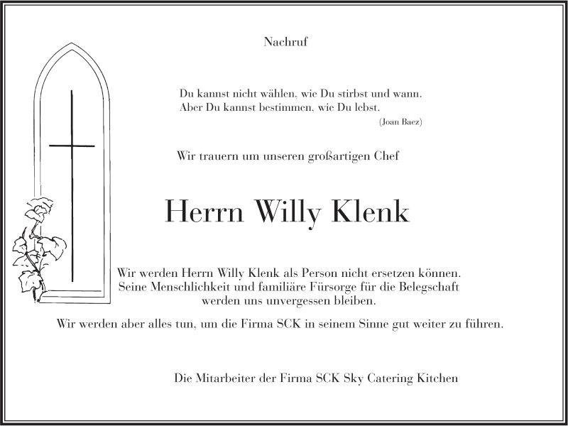  Traueranzeige für Willy Klenk vom 13.01.2018 aus SÜDWEST PRESSE Ausgabe Ulm/Neu-Ulm