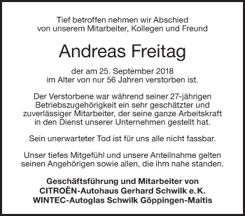 Traueranzeige von Andreas Freitag von NWZ Neue Württembergische Zeitung