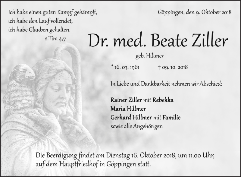  Traueranzeige für Beate Ziller vom 12.10.2018 aus NWZ Neue Württembergische Zeitung