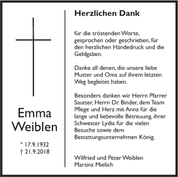 Traueranzeige von Emma Weiblen von Metzinger-Uracher Volksblatt