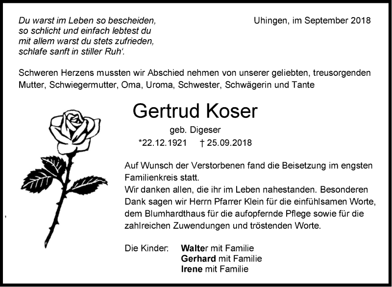  Traueranzeige für Gertrud Koser vom 10.10.2018 aus NWZ Neue Württembergische Zeitung