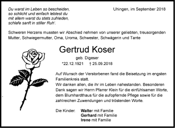 Traueranzeige von Gertrud Koser von NWZ Neue Württembergische Zeitung