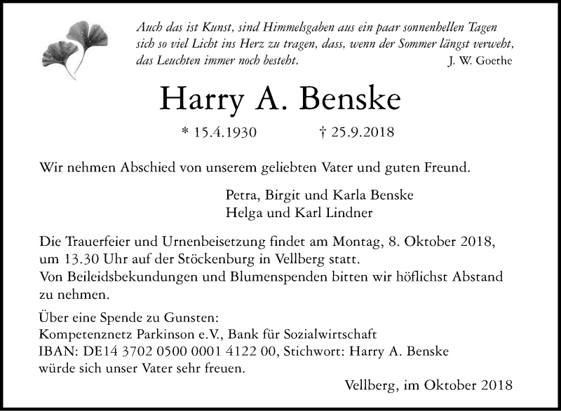  Traueranzeige für Harry A. Benske vom 02.10.2018 aus Haller Tagblatt