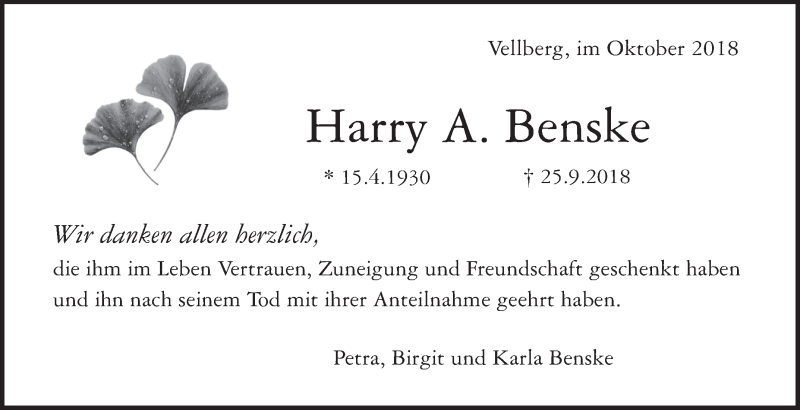 Traueranzeige für Harry A. Benske vom 20.10.2018 aus Haller Tagblatt