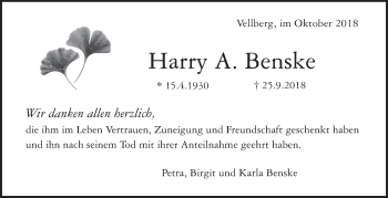 Traueranzeige von Harry A. Benske von Haller Tagblatt