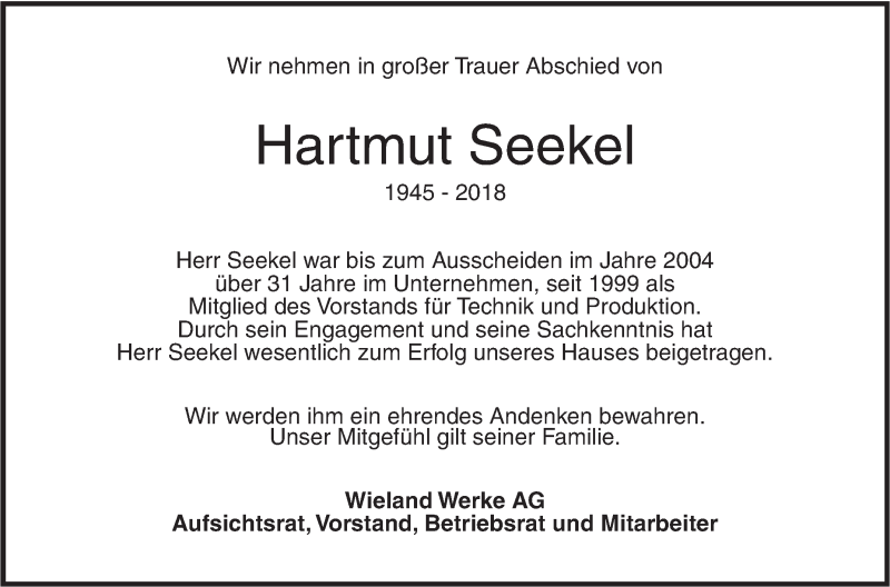  Traueranzeige für Hartmut Seekel vom 24.10.2018 aus SÜDWEST PRESSE Ausgabe Ulm/Neu-Ulm