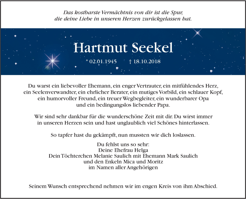  Traueranzeige für Hartmut Seekel vom 24.10.2018 aus SÜDWEST PRESSE Ausgabe Ulm/Neu-Ulm