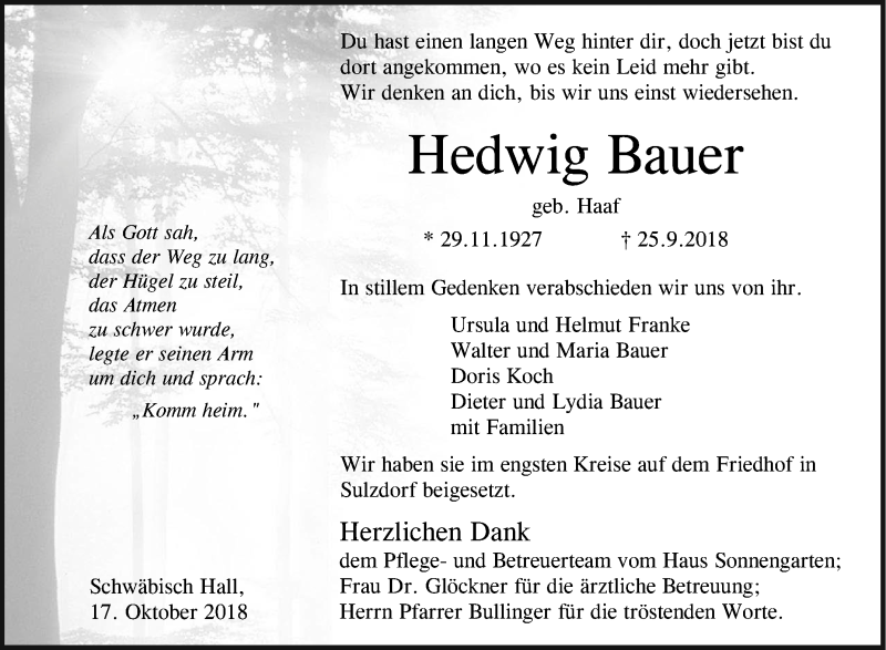  Traueranzeige für Hedwig Bauer vom 17.10.2018 aus Haller Tagblatt