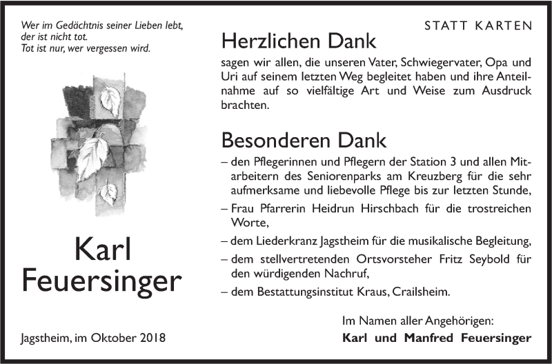  Traueranzeige für Karl Feuersinger vom 20.10.2018 aus Hohenloher Tagblatt