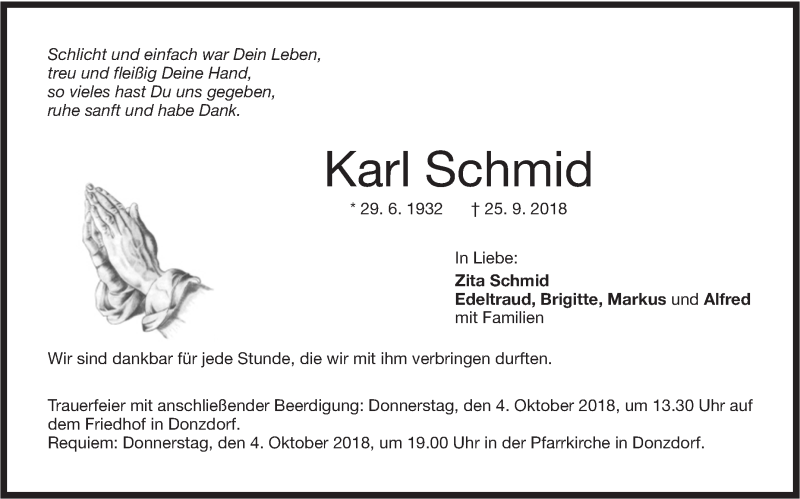  Traueranzeige für Karl Schmid vom 02.10.2018 aus NWZ Neue Württembergische Zeitung
