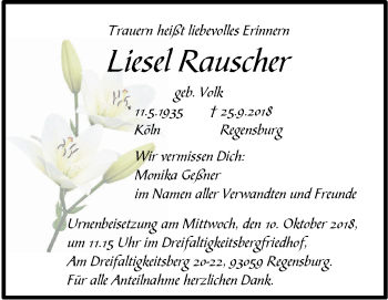 Traueranzeige von Liesel Rauscher von SÜDWEST PRESSE Ausgabe Ulm/Neu-Ulm
