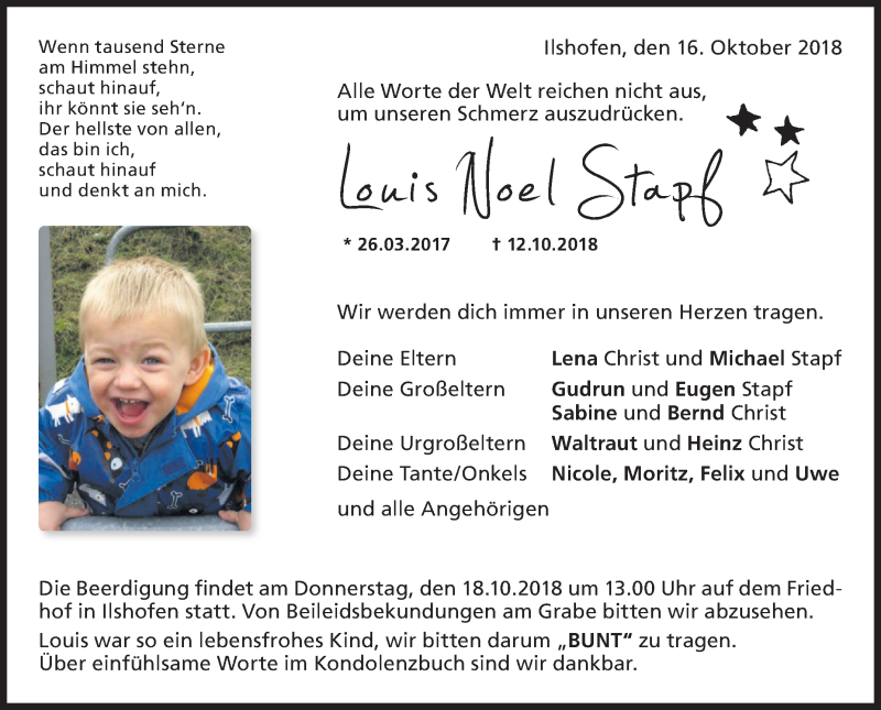  Traueranzeige für Louis Noel Stapf vom 16.10.2018 aus Haller Tagblatt
