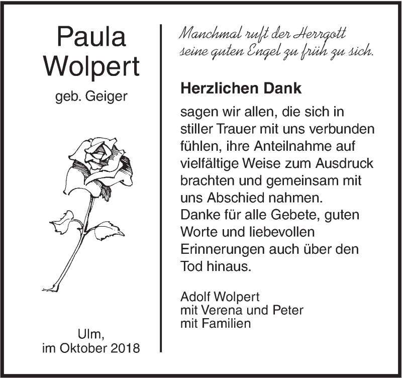  Traueranzeige für Paula Wolpert vom 20.10.2018 aus SÜDWEST PRESSE Ausgabe Ulm/Neu-Ulm