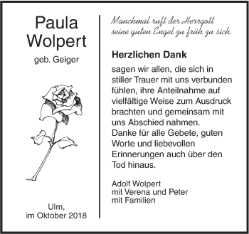 Traueranzeige von Paula Wolpert von SÜDWEST PRESSE Ausgabe Ulm/Neu-Ulm