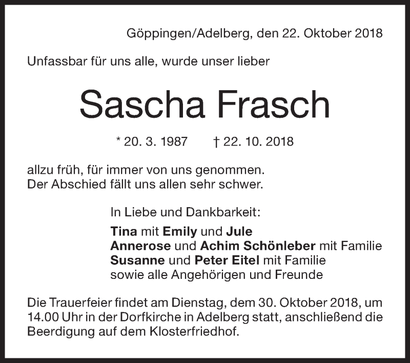  Traueranzeige für Sascha Frasch vom 25.10.2018 aus NWZ Neue Württembergische Zeitung