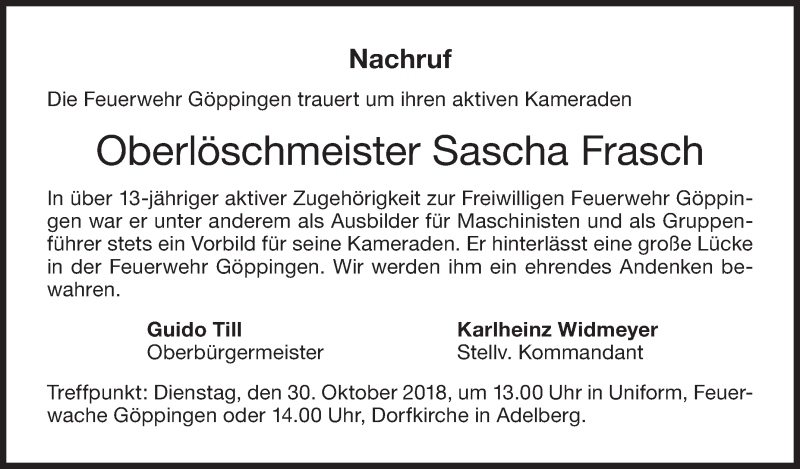  Traueranzeige für Sascha Frasch vom 26.10.2018 aus NWZ Neue Württembergische Zeitung