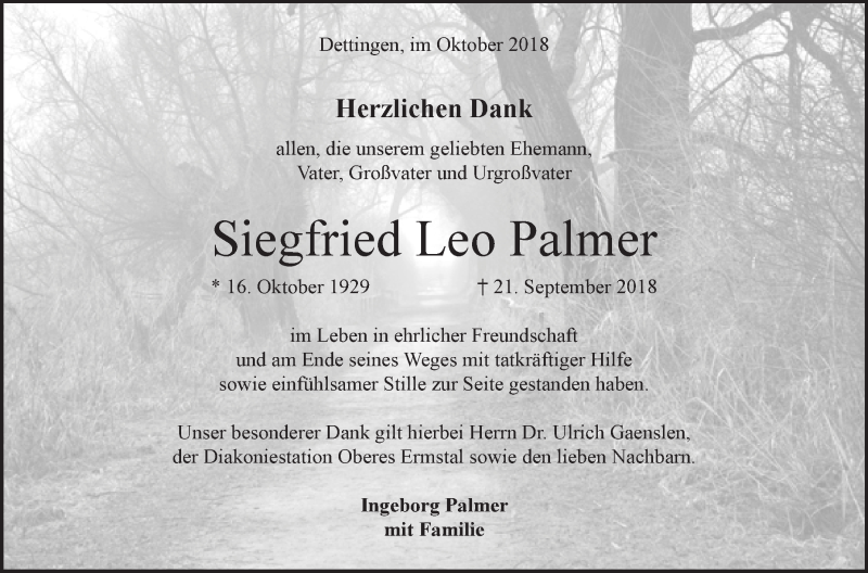  Traueranzeige für Siegfried Leo Palmer vom 04.10.2018 aus Metzinger-Uracher Volksblatt