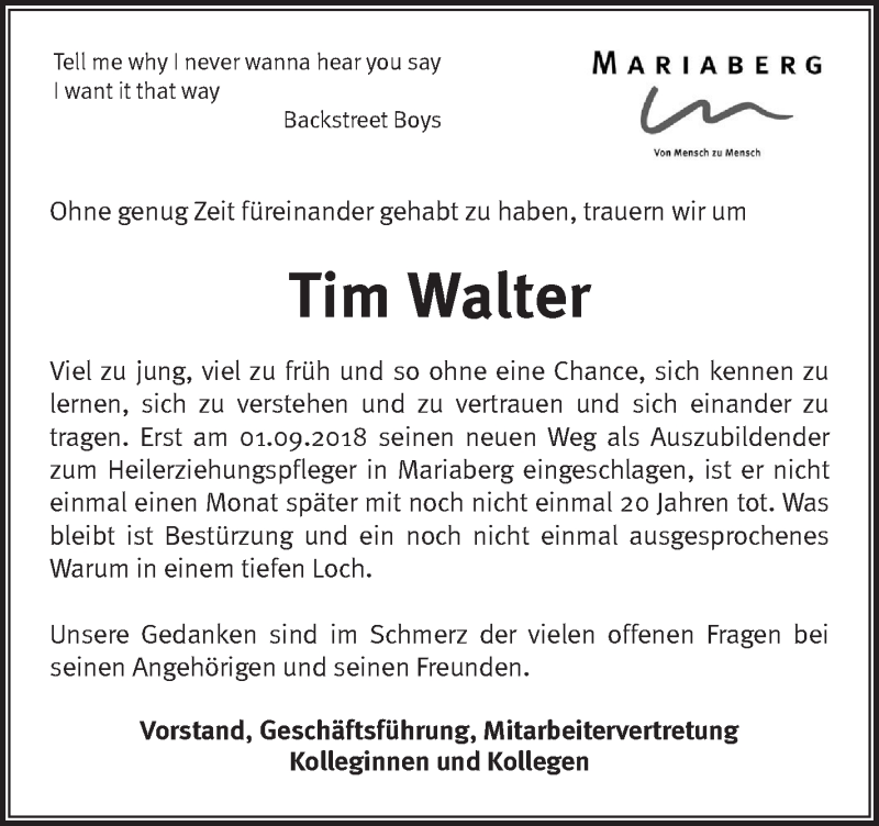  Traueranzeige für Tim Walter vom 04.10.2018 aus Alb-Bote/Metzinger-Uracher Volksblatt