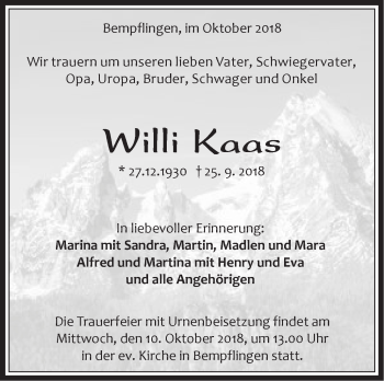 Traueranzeige von Willi Kaas von Metzinger-Uracher Volksblatt