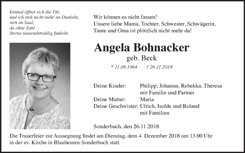  Traueranzeige für Angela Bohnacker vom 01.12.2018 aus Haller Tagblatt