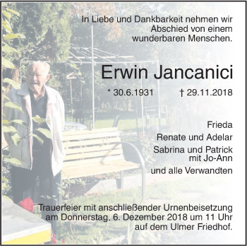 Traueranzeige von Erwin Jancanici von SÜDWEST PRESSE Ausgabe Ulm/Neu-Ulm