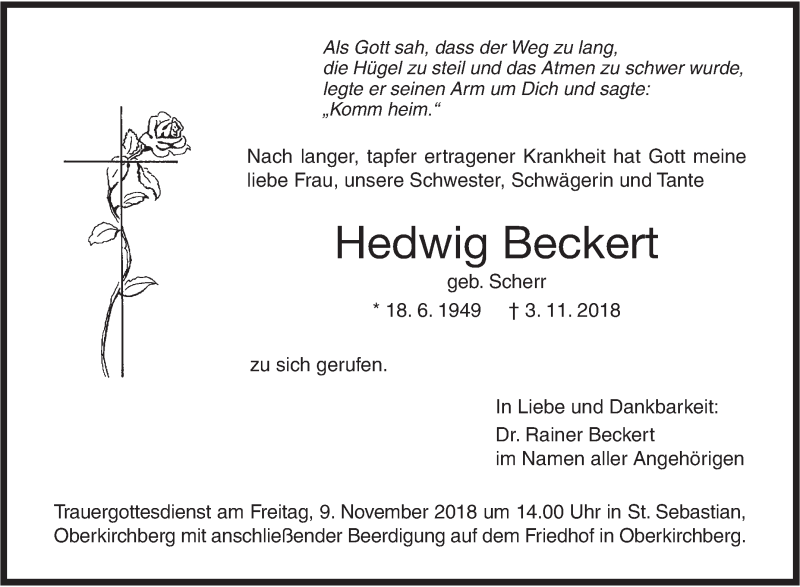  Traueranzeige für Hedwig Beckert vom 07.11.2018 aus SÜDWEST PRESSE Ausgabe Ulm/Neu-Ulm