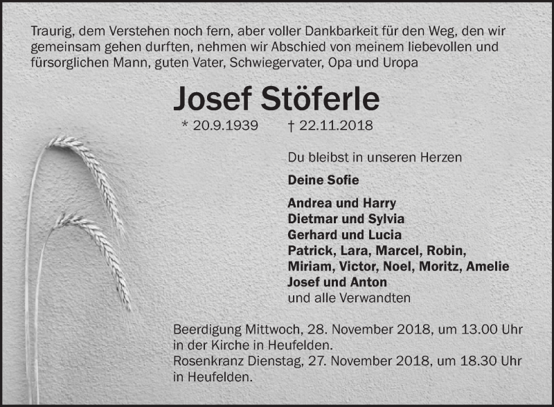 Traueranzeige für Josef Stöferle vom 26.11.2018 aus Ehinger Tagblatt
