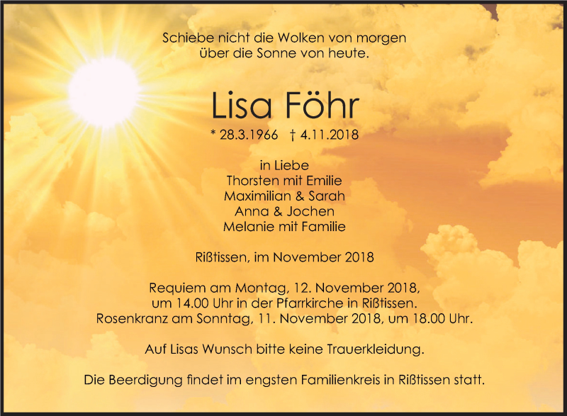  Traueranzeige für Lisa Föhr vom 08.11.2018 aus SÜDWEST PRESSE Ausgabe Ulm/Neu-Ulm