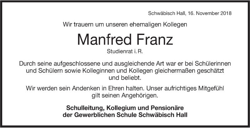  Traueranzeige für Manfred Franz vom 16.11.2018 aus Haller Tagblatt