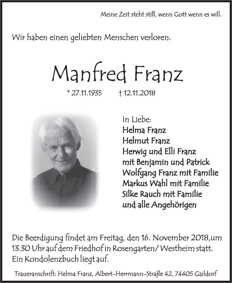  Traueranzeige für Manfred Franz vom 14.11.2018 aus Rundschau Gaildorf