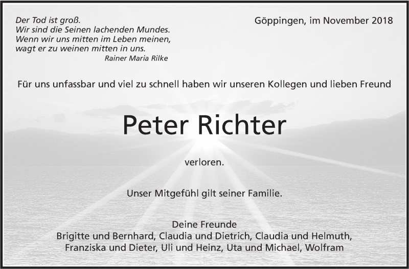  Traueranzeige für Peter Richter vom 20.11.2018 aus NWZ Neue Württembergische Zeitung