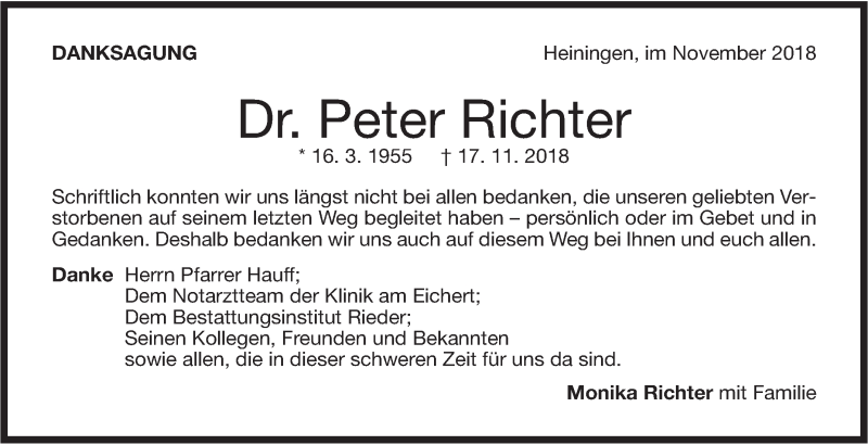  Traueranzeige für Peter Richter vom 30.11.2018 aus NWZ Neue Württembergische Zeitung/Geislinger Zeitung