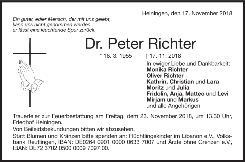  Traueranzeige für Peter Richter vom 20.11.2018 aus NWZ Neue Württembergische Zeitung/Geislinger Zeitung