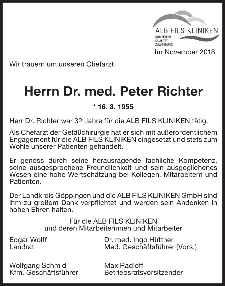  Traueranzeige für Peter Richter vom 21.11.2018 aus NWZ Neue Württembergische Zeitung