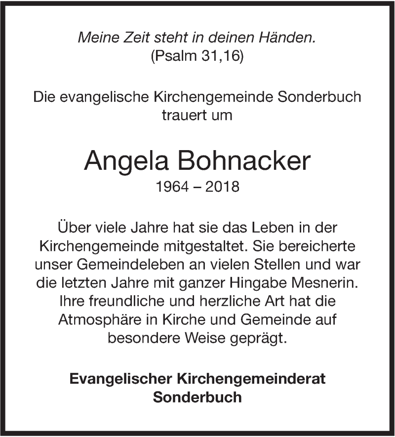  Traueranzeige für Angela Bohnacker vom 07.12.2018 aus SÜDWEST PRESSE