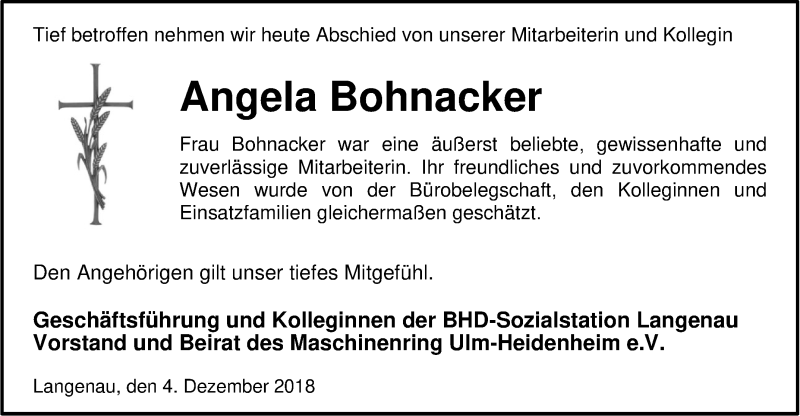  Traueranzeige für Angela Bohnacker vom 04.12.2018 aus SÜDWEST PRESSE Ausgabe Ulm/Neu-Ulm