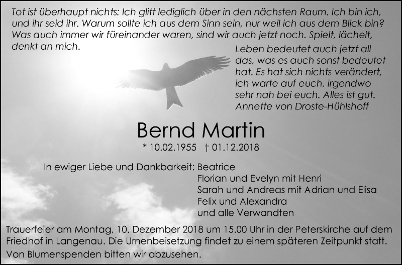  Traueranzeige für Bernd Martin vom 06.12.2018 aus SÜDWEST PRESSE Ausgabe Ulm/Neu-Ulm