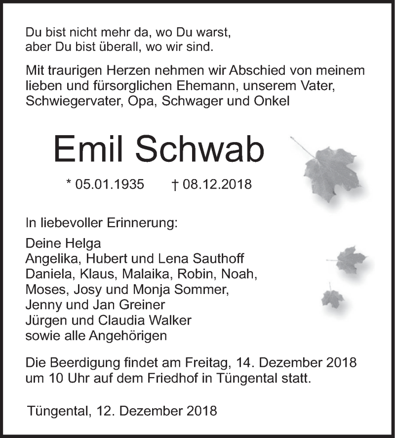  Traueranzeige für Emil Schwab vom 12.12.2018 aus Haller Tagblatt