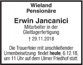 Traueranzeige von Erwin Jancanici von SÜDWEST PRESSE Ausgabe Ulm/Neu-Ulm