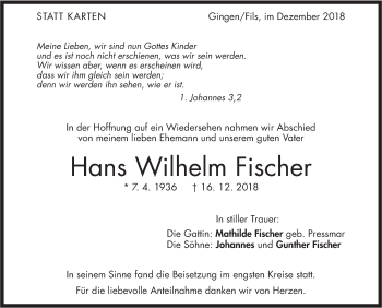 Traueranzeige von Hans Wilhelm Fischer von Geislinger Zeitung
