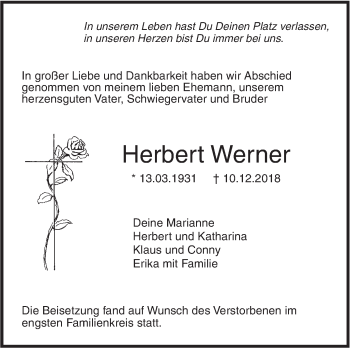 Traueranzeige von Herbert Werner von SÜDWEST PRESSE Ausgabe Ulm/Neu-Ulm