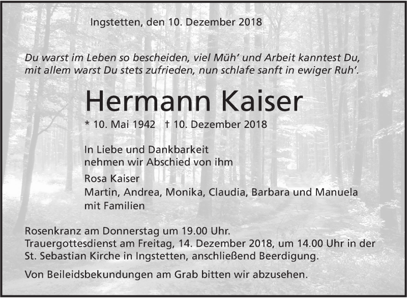  Traueranzeige für Hermann Kaiser vom 12.12.2018 aus Metzinger-Uracher Volksblatt
