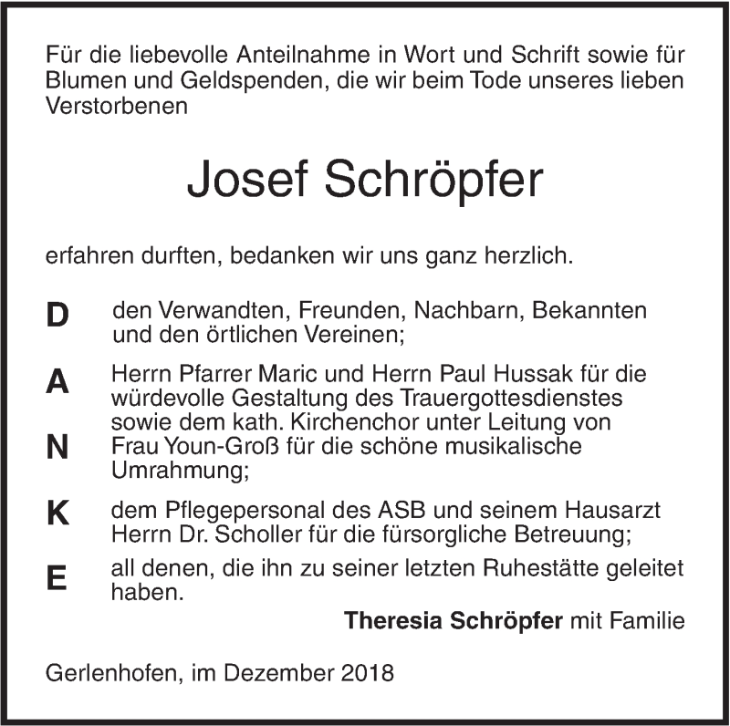  Traueranzeige für Josef Schröpfer vom 21.12.2018 aus SÜDWEST PRESSE Ausgabe Ulm/Neu-Ulm