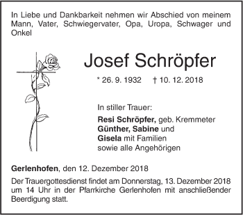 Traueranzeige von Josef Schröpfer von SÜDWEST PRESSE Ausgabe Ulm/Neu-Ulm