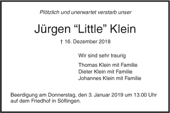 Traueranzeige von Jürgen Klein von SÜDWEST PRESSE Ausgabe Ulm/Neu-Ulm