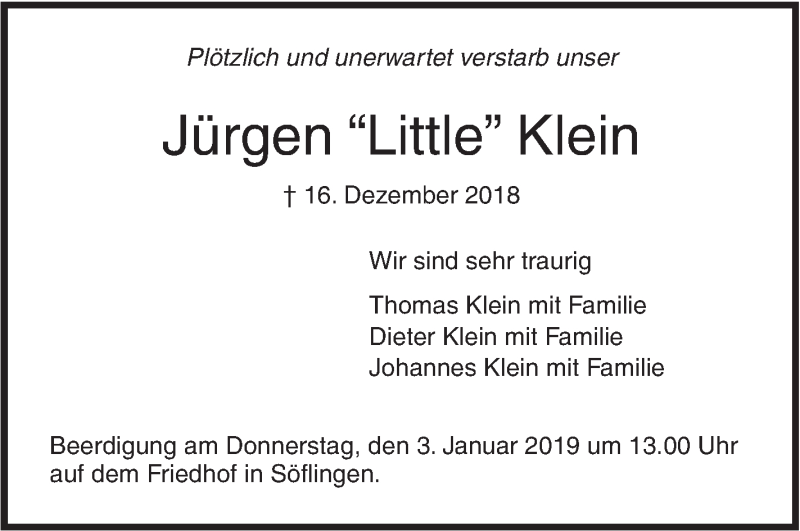  Traueranzeige für Jürgen Klein vom 29.12.2018 aus SÜDWEST PRESSE Ausgabe Ulm/Neu-Ulm
