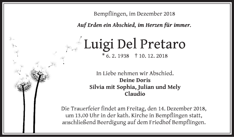  Traueranzeige für Luigi Del Pretaro vom 12.12.2018 aus Metzinger-Uracher Volksblatt