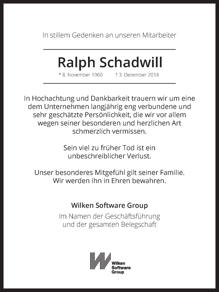  Traueranzeige für Ralph Schadwill vom 06.12.2018 aus SÜDWEST PRESSE Ausgabe Ulm/Neu-Ulm
